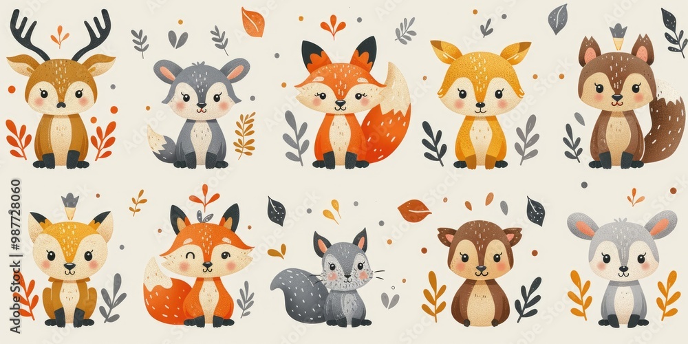 Cute cartoon animals in a forest setting with leaves and hearts. Cute cartoon animals in a forest setting with leaves and hearts.