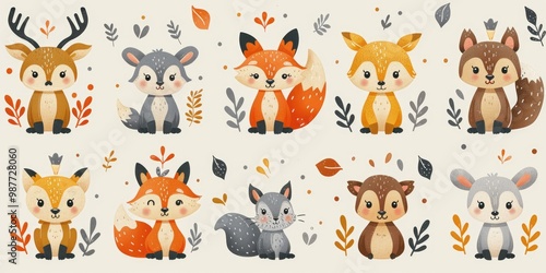 Cute cartoon animals in a forest setting with leaves and hearts.