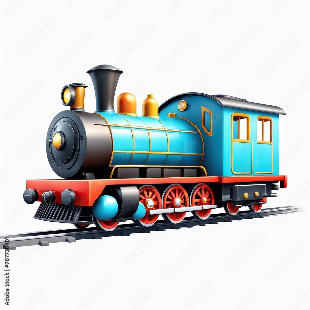 Obraz premium A colorful, cartoon-style steam locomotive on tracks, symbolizing transportation and adventure.