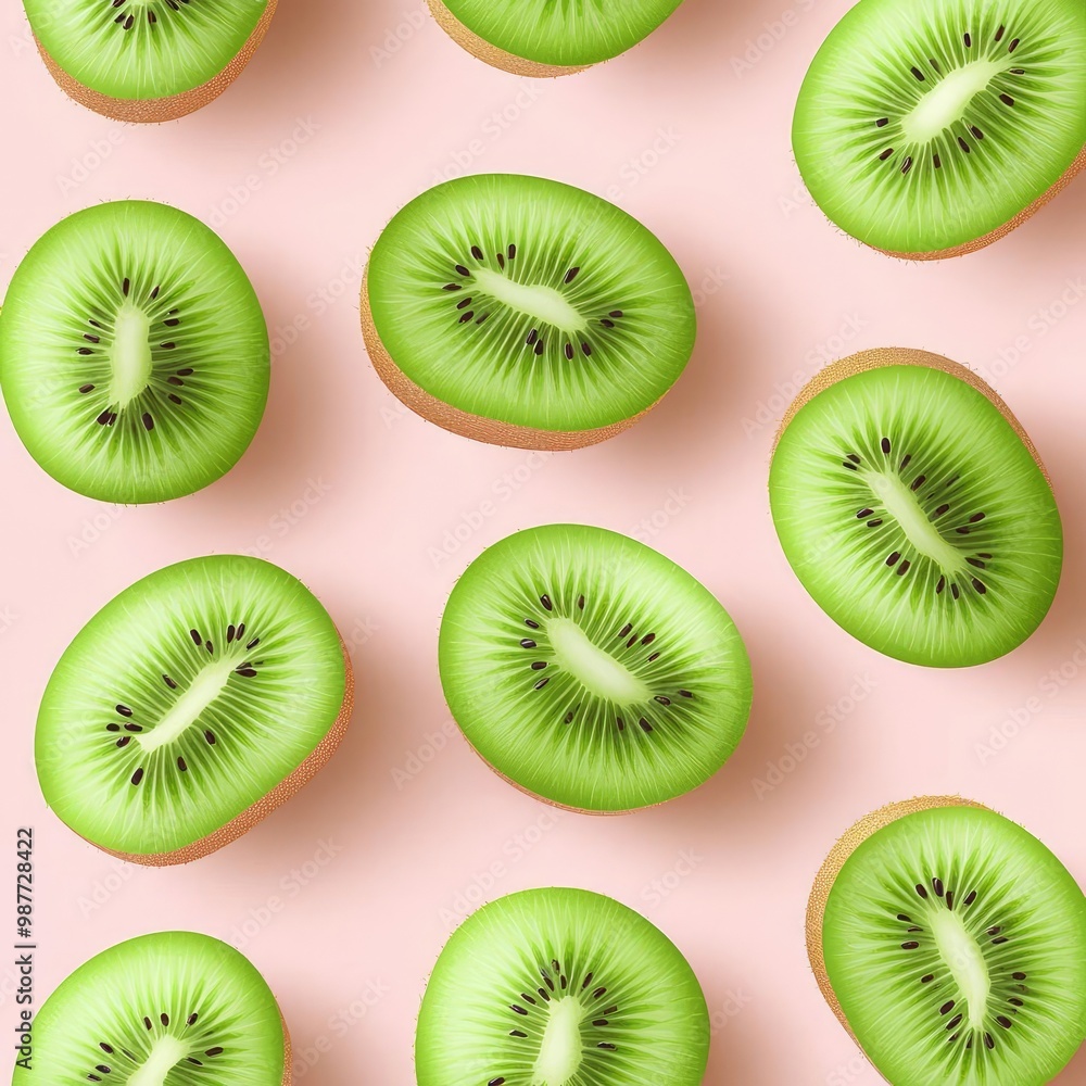 Vibrant kiwi slices arranged neatly on a pastel pink background, showcasing their juicy texture and rich green color. Vibrant kiwi slices arranged neatly on a pastel pink background, showcasing their juicy texture and rich green color.