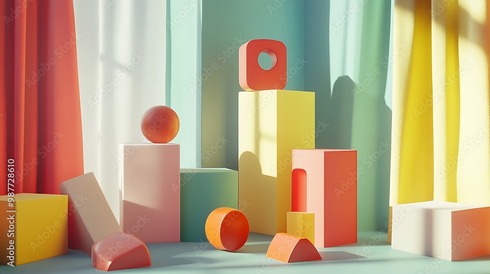 Colorful Geometric Shapes with Sunlight and Shadows Colorful Geometric Shapes with Sunlight and Shadows