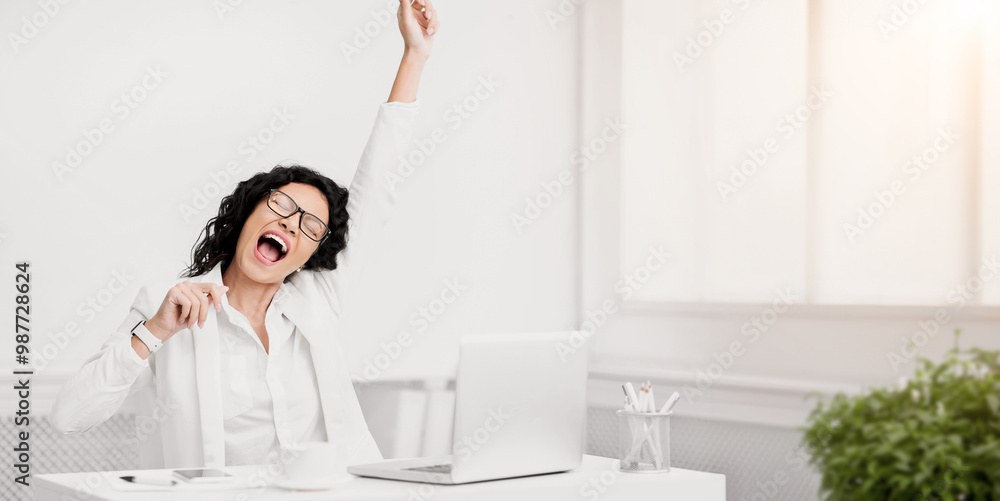 Business Success. Excited latin woman shouting yes, raising hand, feeling happy. Copy space Business Success. Excited latin woman shouting yes, raising hand, feeling happy. Copy space
