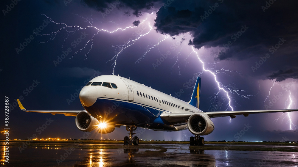 Fototapeta premium Aircraft on runway at night with lightning striking in the background during a thunderstorm