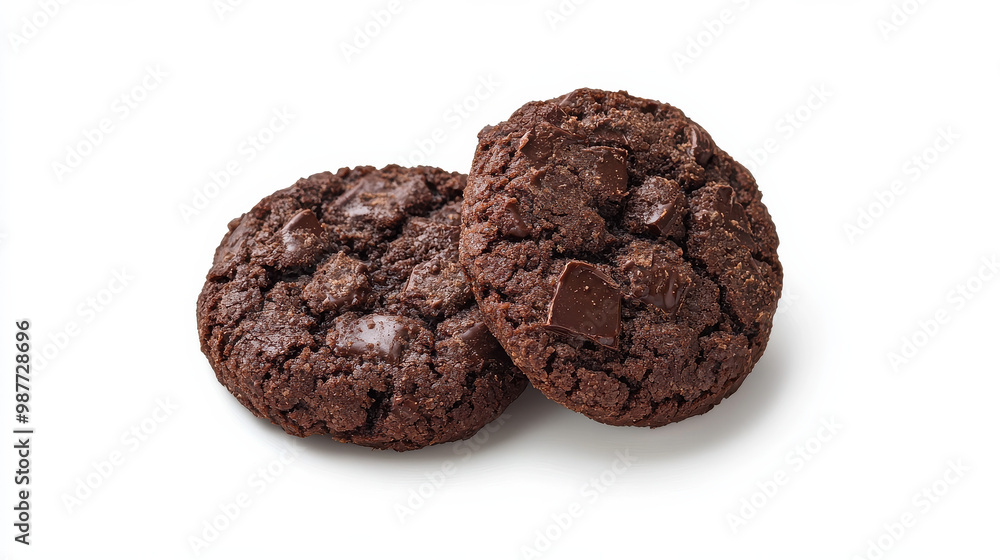This image features two mouth-watering double chocolate cookies against a pristine white background, showcasing the rich texture and chunks of chocolate within each cookie. This image features two mouth-watering double chocolate cookies against a pristine white background, showcasing the rich texture and chunks of chocolate within each cookie.