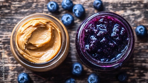 A jar of creamy peanut butter next to a jar of blueberry jam, with a rustic wooden background emphasizing the natural textures photo