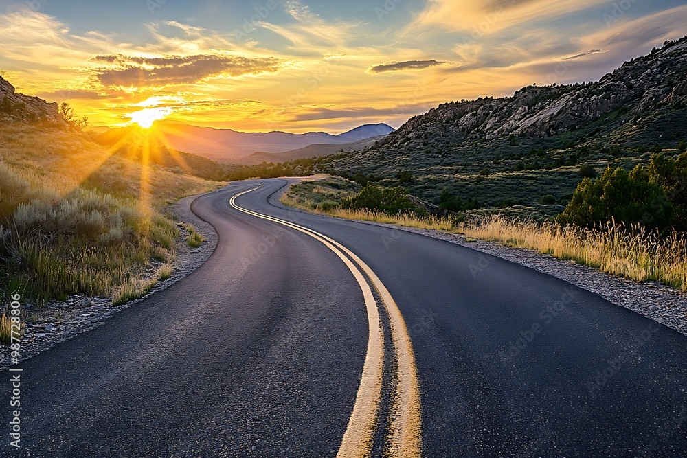 Fototapeta premium Winding asphalt road with yellow lines leading towards sunset in mountain valley