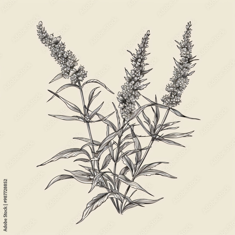 Naklejka premium Black and white illustration of a flower bouquet with stems and leaves.