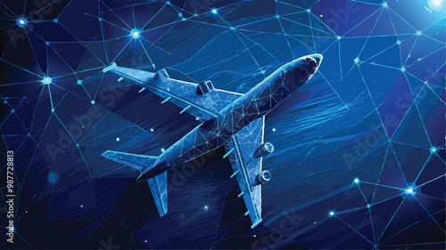 Abstract Digital Flight Plane Vector Illustration of a Geometric Polygonal Airplane in the Night Sky Airline Technology Concept