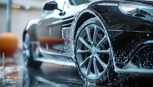 Black car covered in white foam being washed.