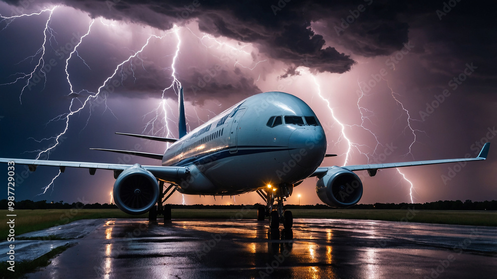 Fototapeta premium Aircraft on runway at night with lightning striking in the background during a thunderstorm