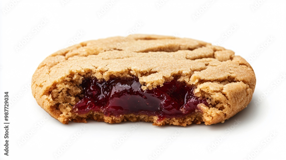 A peanut butter and grape jelly filled cookie, isolated on a clean white background to highlight the gooey, delicious filling A peanut butter and grape jelly filled cookie, isolated on a clean white background to highlight the gooey, delicious filling
