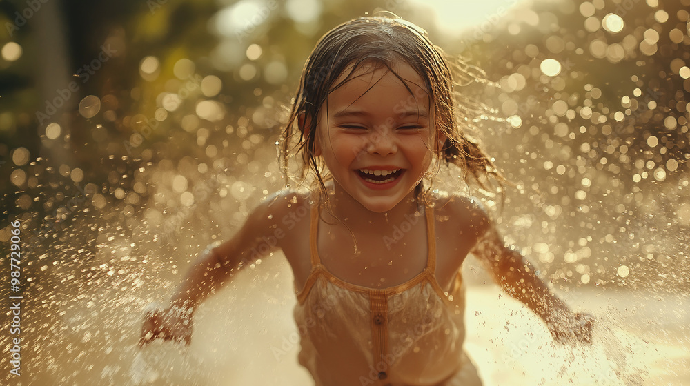 A little girl runs through a sprinkler in the garden A little girl runs through a sprinkler in the garden