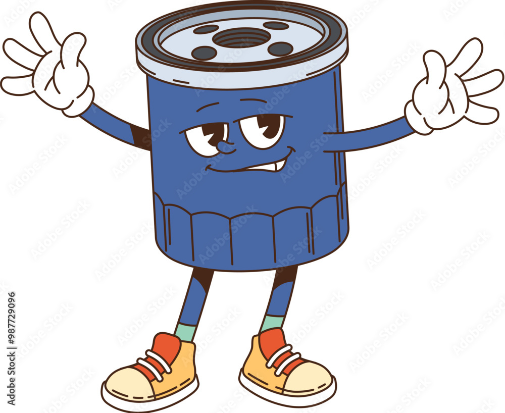 Cartoon groovy oil filter character. Isolated vector playful automobile part personage with expressive eyes, wearing sneakers and gloves, posing with a confident smile and gesturing with both hands