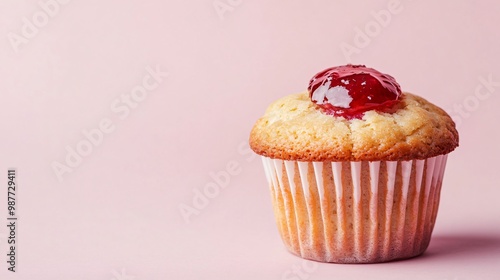 A peanut butter and strawberry jam muffin, isolated on a soft pastel pink background for a sweet and delicate presentation