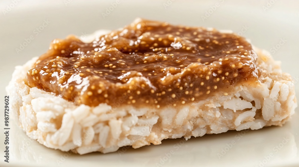 A serving of peanut butter and fig jam on a rice cake, isolated on a pale beige background to focus on the unique combination A serving of peanut butter and fig jam on a rice cake, isolated on a pale beige background to focus on the unique combination