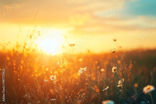 Golden Sunset Over Meadow with Wildflowers