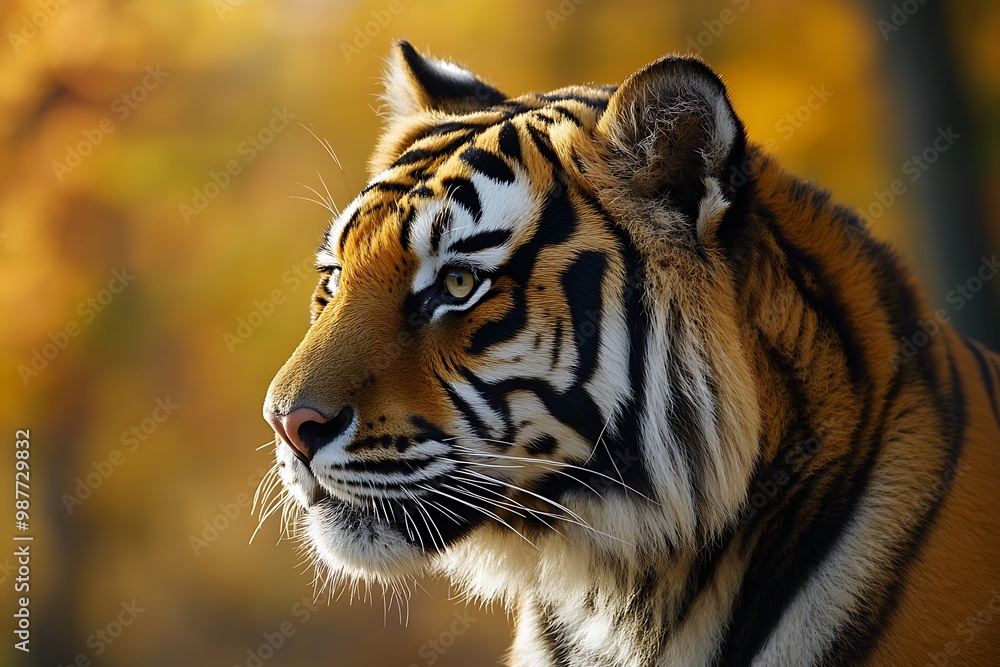 Fototapeta premium Closeup of a tiger's face with stripes in the forest. Portrait of a majestic wild cat.
