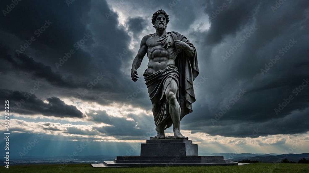 Fototapeta premium Majestic Statue of a Greek God Under Dramatic Skies