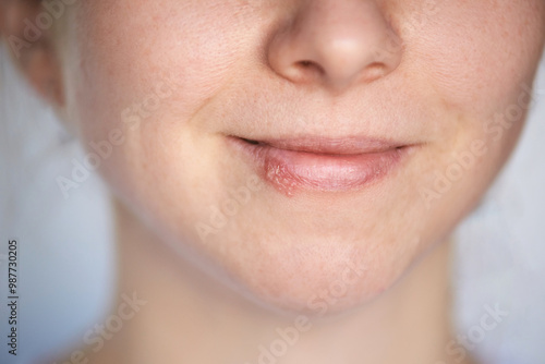 Close up of a smiling woman lips and skin texture highlighting natural beauty and skincare trends