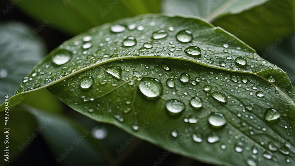 Close-up of green leaf with water droplets from rain, showcasing natural beauty and freshness in nature