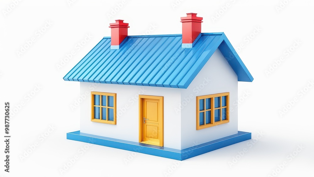 A colorful, stylized model of a house with a blue roof and yellow door. A colorful, stylized model of a house with a blue roof and yellow door.