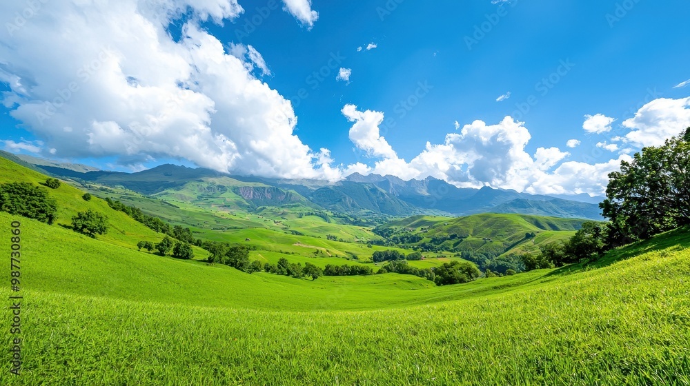 Fototapeta premium Lush Green Landscape Under a Blue Sky with Clouds