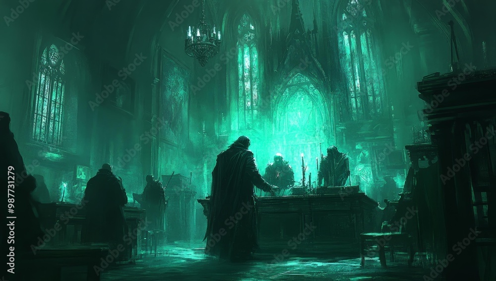 Dark figures convene in an eerie cathedral. Dark figures convene in an eerie cathedral.