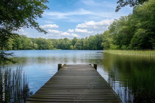 Wooden dock leading into a calm lake surrounded by trees