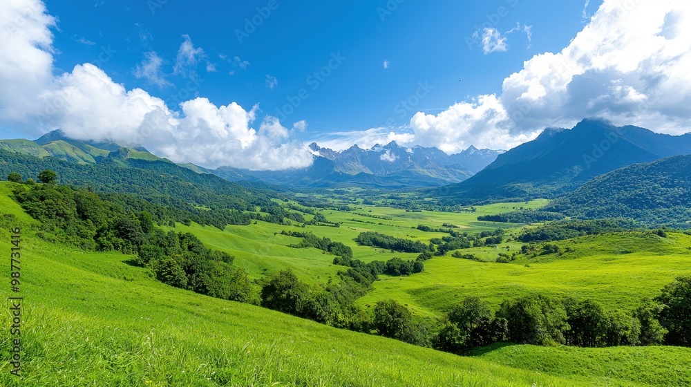 Naklejka premium Breathtaking Valley with Lush Green Landscape and Mountains