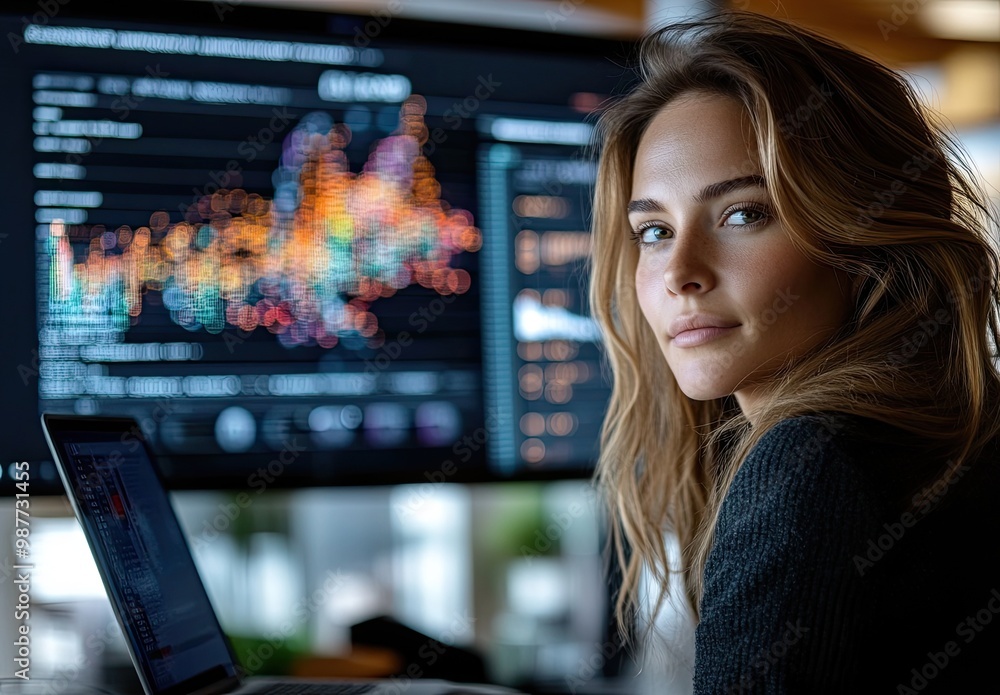 A woman looks at data visualizations on a screen while working on a laptop. A woman looks at data visualizations on a screen while working on a laptop.