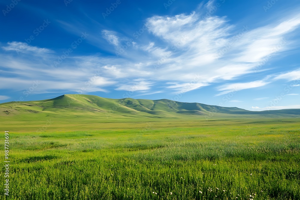 Fototapeta premium Scenic Landscape, Lush Grassland Field with Rolling Hills and Blue Sky