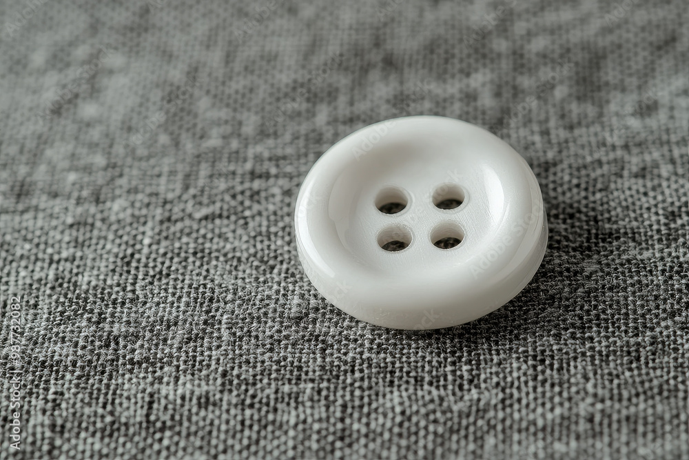 This image captures a detailed close-up of a white button featuring four holes, resting on a grey textured fabric background. Ideal for fashion and tailoring concepts.