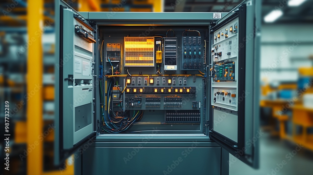 electric control panel with open doors in a factory electric control panel with open doors in a factory