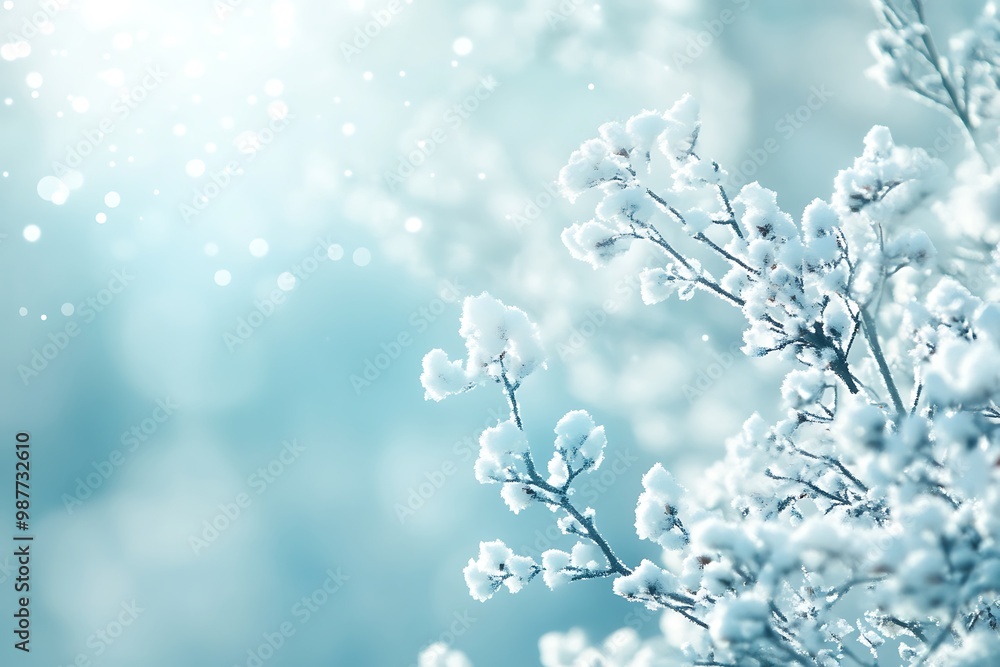 Snow Covered Branches with Blurred Blue Background Snow Covered Branches with Blurred Blue Background
