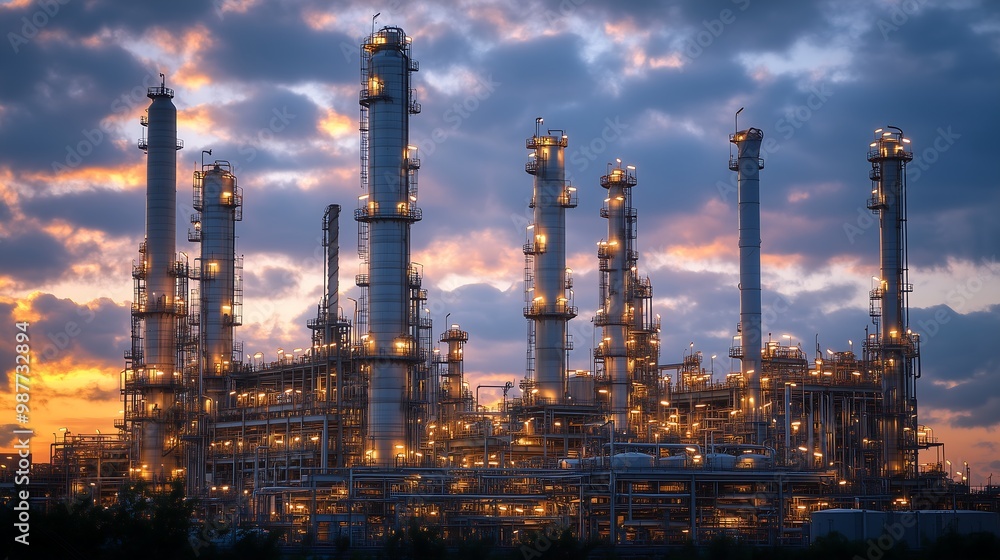 An oil refinery showcasing advanced distillation towers that separate crude oil into various products like gasoline, diesel, and jet fuel An oil refinery showcasing advanced distillation towers that separate crude oil into various products like gasoline, diesel, and jet fuel