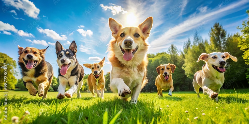 Playful dogs running in the park, enjoying a sunny day with vibrant green grass and blue sky Playful dogs running in the park, enjoying a sunny day with vibrant green grass and blue sky