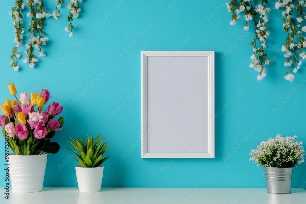 Elegant White Frame Amidst Colorful Tulips and Blossoms on a Teal Wall for Artistic Home Decor Elegant White Frame Amidst Colorful Tulips and Blossoms on a Teal Wall for Artistic Home Decor