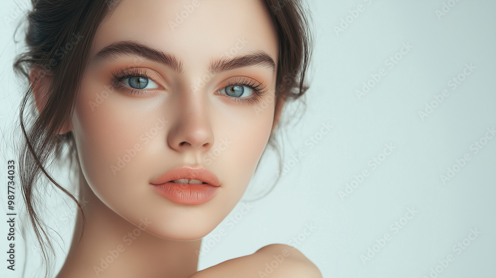 Naklejka premium Natural Beauty Portrait of Young Woman with Soft Makeup and Clear Skin on Minimal Background 