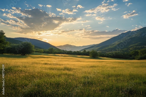 Golden sunset light over a field and mountain range.