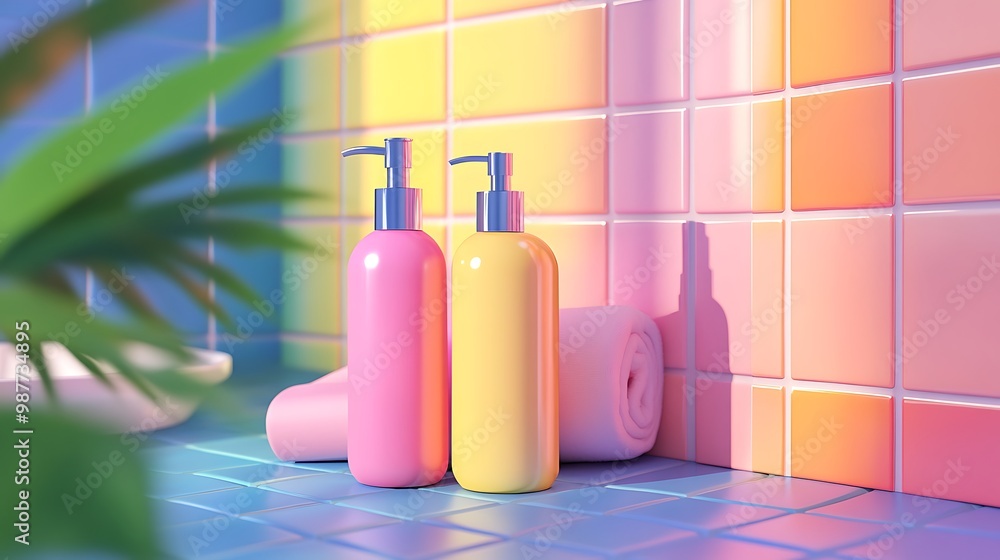 Pink and Yellow Shampoo Bottles on Colorful Tiles Pink and Yellow Shampoo Bottles on Colorful Tiles