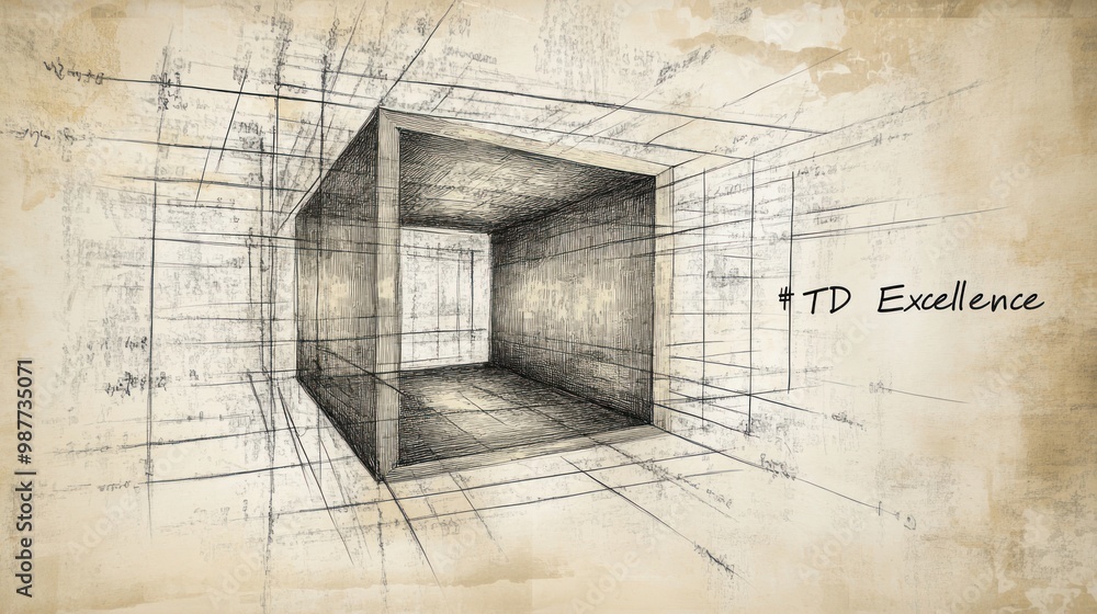 Hand-Drawn 3D Geometric Box Sketch with Perspective Lines on Vintage ...