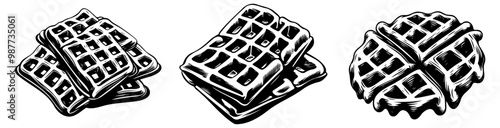 Black and white illustration of wafers and a waffle, showcasing a classic dessert theme.