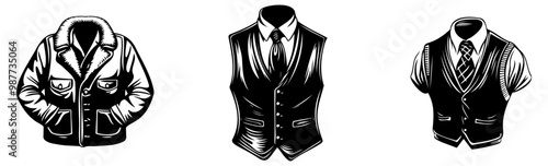 Three illustrated vests and jackets showcase stylish outerwear options in a minimalist black-and-white design.