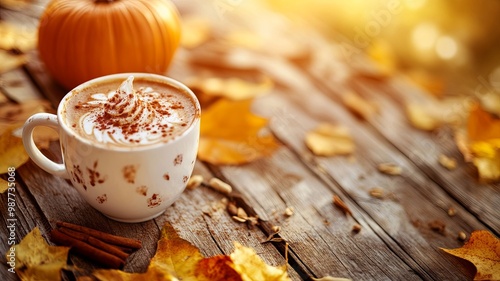 Pumpkin latte coffee with spices and cinnamon. Autumn hot drink on a rustic wooden table decorated with yellow leaves and pumpkin under the sun. Cosines, Halloween, warmth concept. Vertical  photo