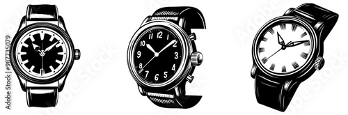 Three distinct watches displayed side by side, showcasing different designs and styles, emphasizing elegance and functionality.
