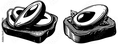 Illustration of sliced avocados on toasted bread, showcasing the creamy texture and vibrant color of the fruit.