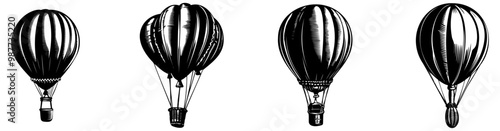 A series of vintage illustrations depicting four distinct hot air balloons, showcasing their unique shapes and designs.