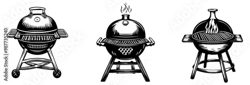 Three distinct types of grills are illustrated, showcasing different designs and styles, ideal for outdoor cooking and barbecue enthusiasts.
