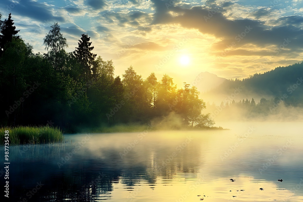Fototapeta premium Sunrise over foggy lake and forest, golden light, dramatic sky, nature scene
