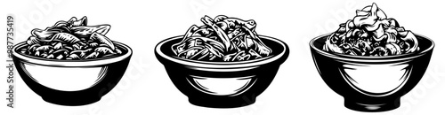 Three bowls of various food items, illustrated in a black-and-white style, showcasing different textures and shapes.